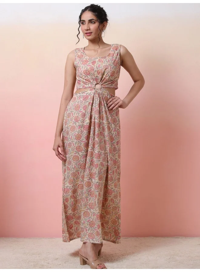 أيه كيه إس Cream Floral Print Cut-Out Dress