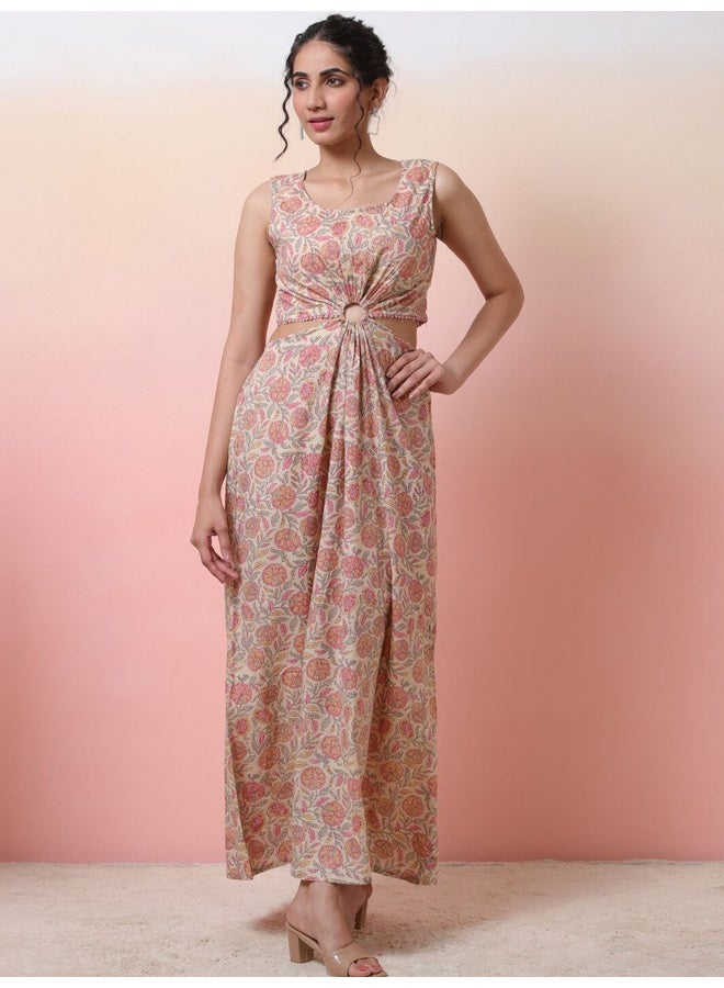 AKS Cream Floral Print Cut-Out Dress - Image 1