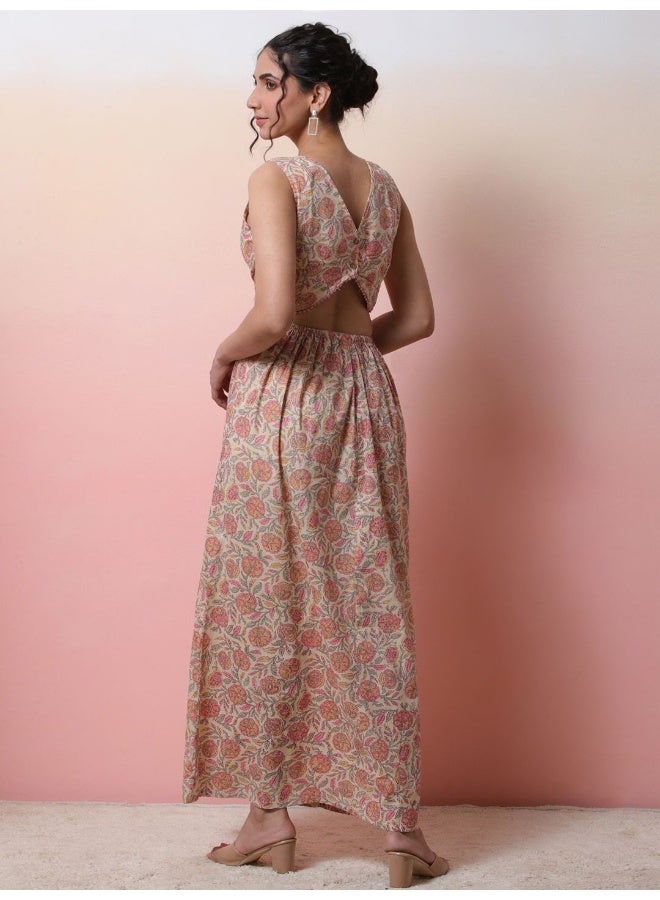 AKS Cream Floral Print Cut-Out Dress - Image 5