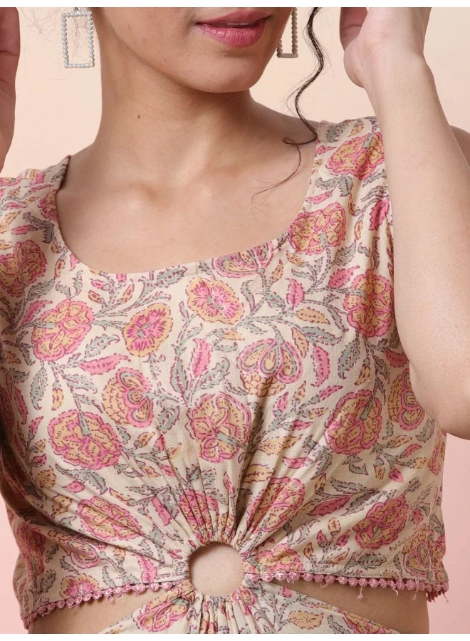 أيه كيه إس Cream Floral Print Cut-Out Dress