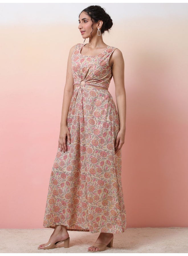 AKS Cream Floral Print Cut-Out Dress - Image 3