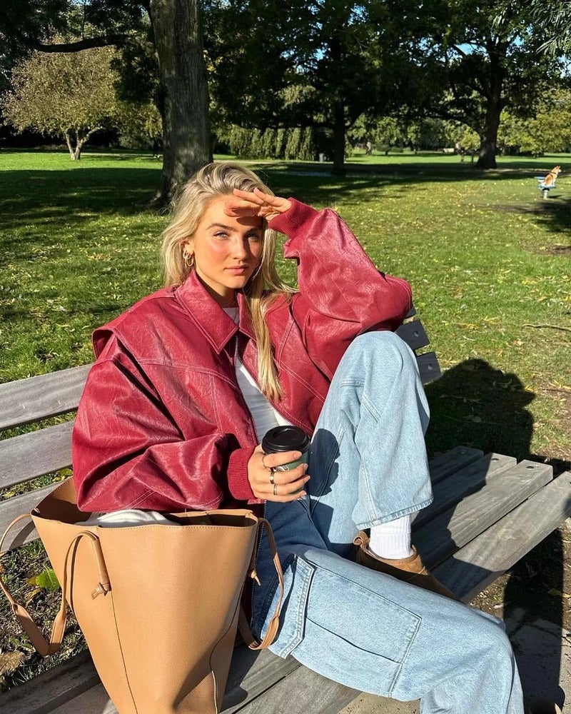 VOIKERDR Oversized Leather Jacket Women Faux Leather Motorcycle Zip Up Jackets Trendy Winter Jackets Outwear - Image 4