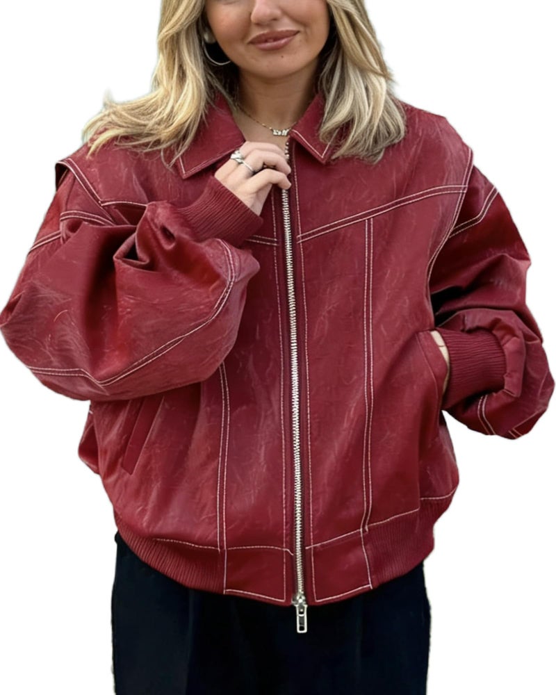 VOIKERDR Oversized Leather Jacket Women Faux Leather Motorcycle Zip Up Jackets Trendy Winter Jackets Outwear - Image 1
