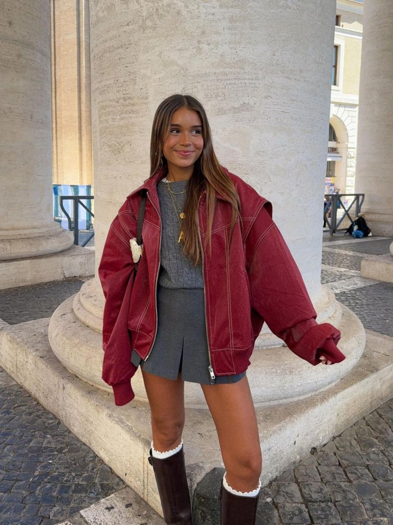 VOIKERDR Oversized Leather Jacket Women Faux Leather Motorcycle Zip Up Jackets Trendy Winter Jackets Outwear - Image 5