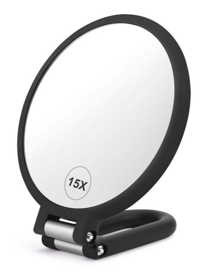 مرآة يدوية مكبرة مزدوجة الجوانب، بتكبير 1×15×، مرآة يدوية للسفر، قابلة للطي، قابلة للتعديل، مع قاعدة دوارة، ومرآة مكتب. - Image 1
