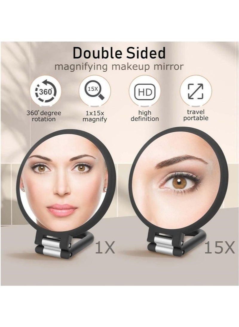 Magnifying Handheld Mirror Double Sided 1X 15X Magnification Hand Mirror Travel Folding Adjustable Rotation Pedestal Makeup Desk Mirror - Image 3
