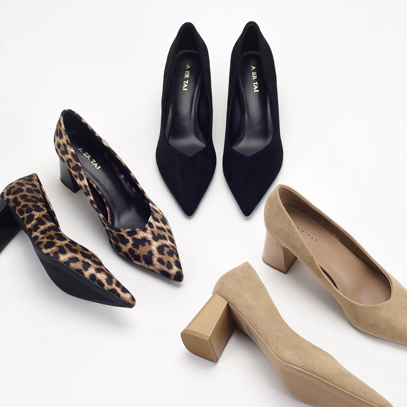 Women's Pointed Toe Suede Pumps with Chunky Heel - Image 1