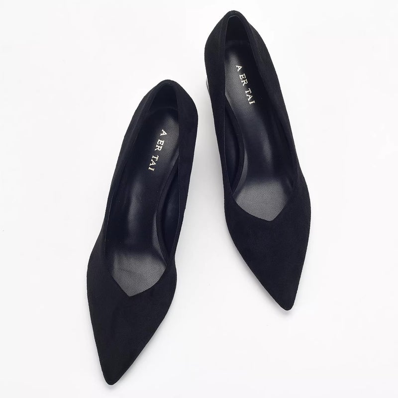 Women's Pointed Toe Suede Pumps with Chunky Heel - Image 4