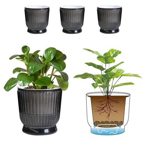 T4U 6 Inch Self Watering Pots for Indoor Plants 4 Pack Self Watering Planter Self Watering Pot with Reservoir Small Self Watering Pots for Plants African Violets 4 Pack 6 Translucent Gray - Image 1