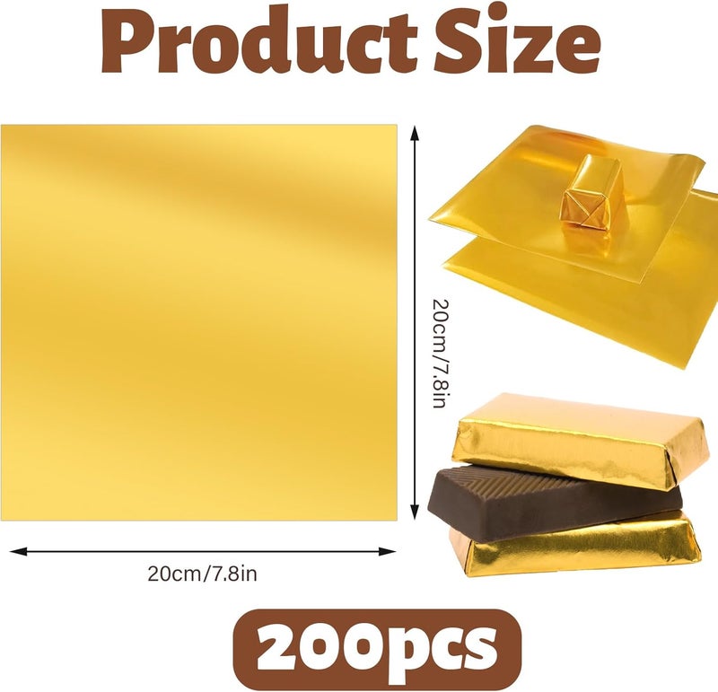 Roucerlin 200 Pieces Gold Chocolate Bar Wrappers Packing, 7.8" x 7.8" Aluminum Foil Chocolate Wrapping Paper Sheet, Candy Foil Wrappers for Homemade Sweets Food Wraps Party Favor DIY (200 Pieces) - Image 2