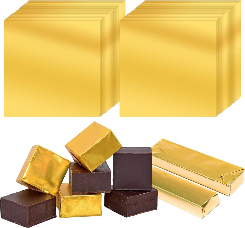 Roucerlin 200 Pieces Gold Chocolate Bar Wrappers Packing, 7.8" x 7.8" Aluminum Foil Chocolate Wrapping Paper Sheet, Candy Foil Wrappers for Homemade Sweets Food Wraps Party Favor DIY (200 Pieces) - Image 1