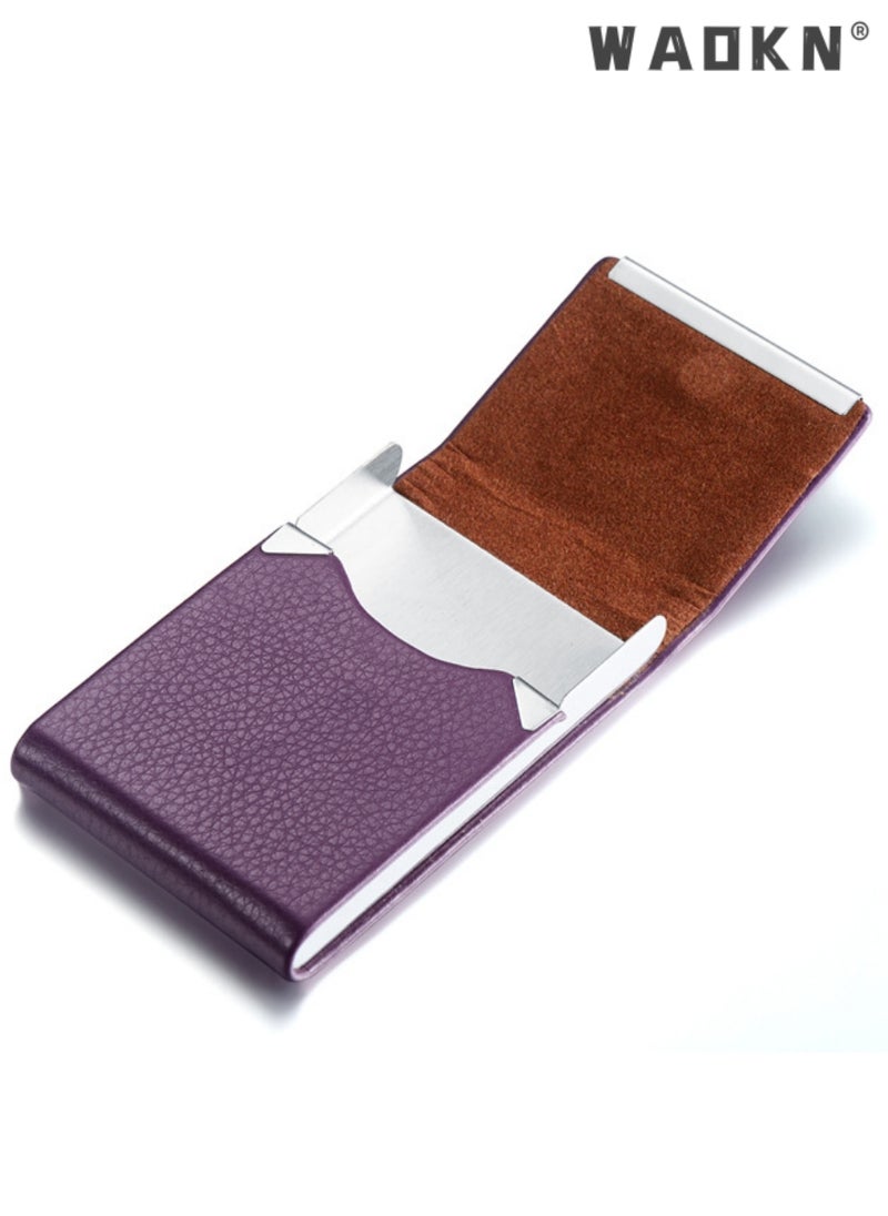 WAOKN Business Card Holder Case Black Fashion Professional PU Leather Business Card Carrier Luxury Metal Name Card Holder with Magnetic Shut Wallet Credit Card ID Case for Men Women Best Gift Purple  - Image 1