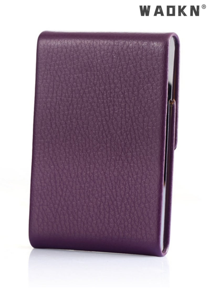 WAOKN Business Card Holder Case Black Fashion Professional PU Leather Business Card Carrier Luxury Metal Name Card Holder with Magnetic Shut Wallet Credit Card ID Case for Men Women Best Gift Purple  - Image 2