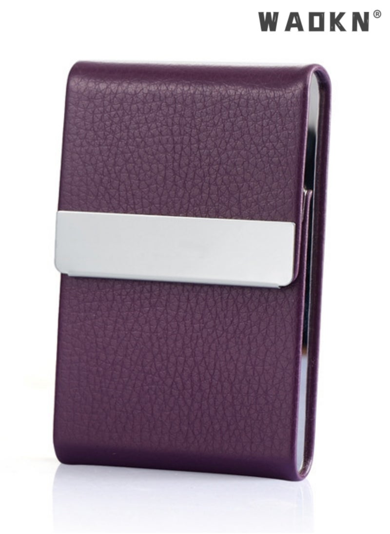 WAOKN Business Card Holder Case Black Fashion Professional PU Leather Business Card Carrier Luxury Metal Name Card Holder with Magnetic Shut Wallet Credit Card ID Case for Men Women Best Gift Purple  - Image 3