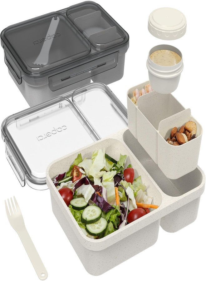 Caperci 2 Pack Salad Container for Lunch - 62 oz Large Bento Lunch Box for Adults, 2-Compartment Meal Prep Container with Removable Toppings Tray, Sauce Cup, Reusable Fork, BPA-Free (Gray & Tofu) - Image 1