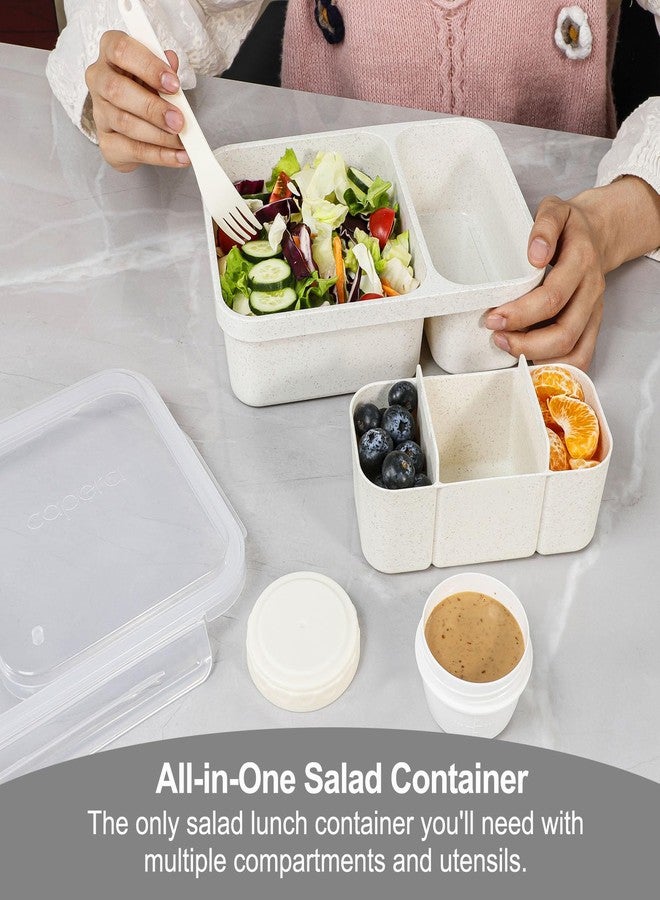 Caperci 2 Pack Salad Container for Lunch - 62 oz Large Bento Lunch Box for Adults, 2-Compartment Meal Prep Container with Removable Toppings Tray, Sauce Cup, Reusable Fork, BPA-Free (Gray & Tofu) - Image 3