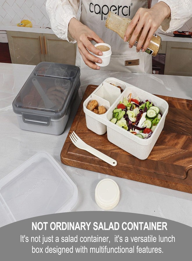 Caperci 2 Pack Salad Container for Lunch - 62 oz Large Bento Lunch Box for Adults, 2-Compartment Meal Prep Container with Removable Toppings Tray, Sauce Cup, Reusable Fork, BPA-Free (Gray & Tofu) - Image 2