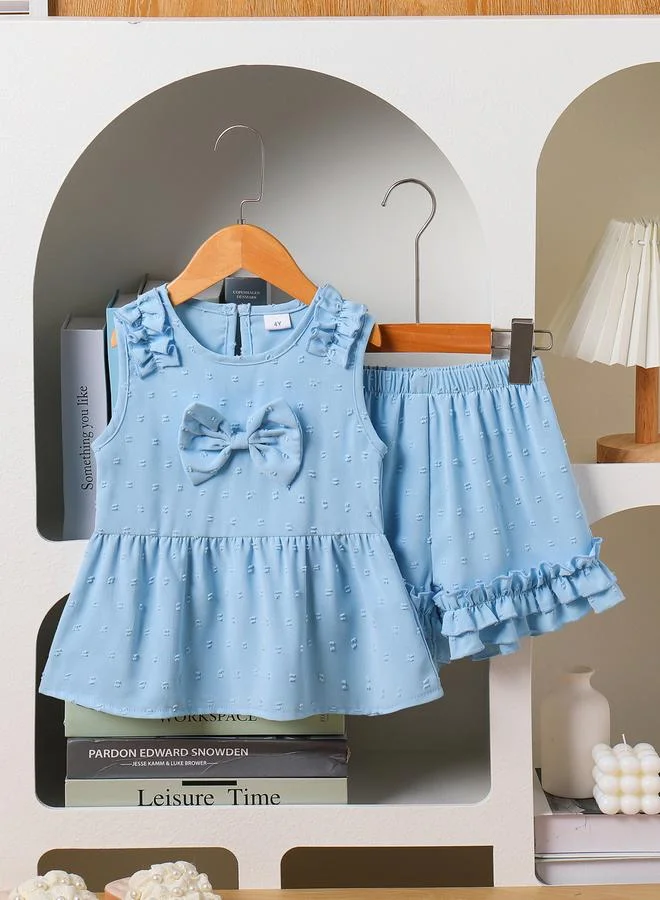 Take Two Girls Blue Bow Top and Ruffle Shorts Set