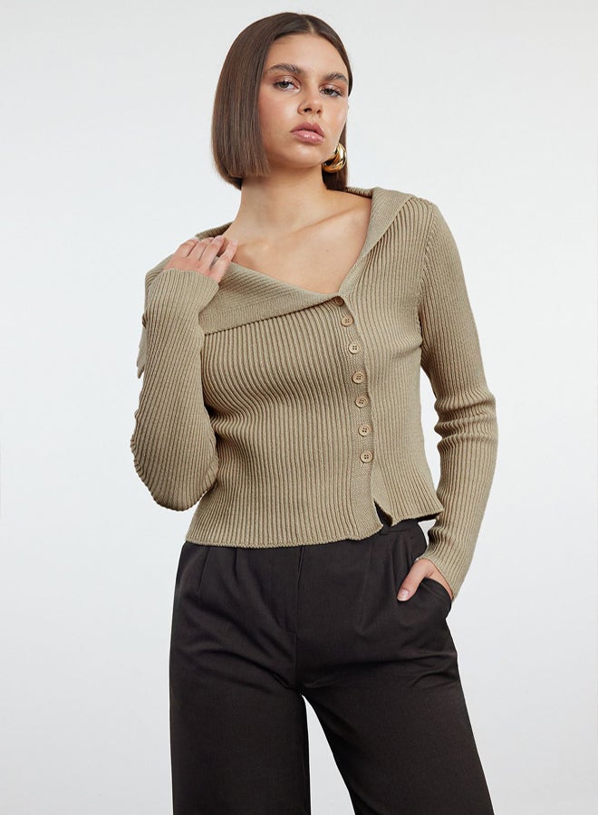 trendyol Beige Mercerized Look Premium Yarn/Special Yarn Fitted/Body Hugging Knitwear Cardigan - Image 5