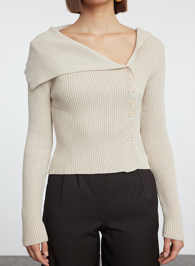 trendyol Beige Mercerized Look Premium Yarn/Special Yarn Fitted/Body Hugging Knitwear Cardigan - Image 3