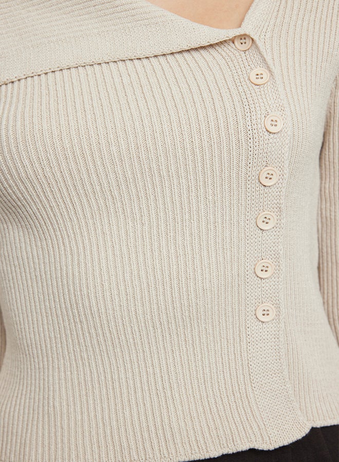 trendyol Beige Mercerized Look Premium Yarn/Special Yarn Fitted/Body Hugging Knitwear Cardigan - Image 4