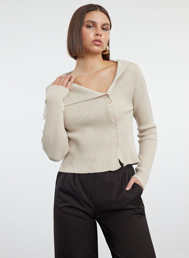 trendyol Beige Mercerized Look Premium Yarn/Special Yarn Fitted/Body Hugging Knitwear Cardigan - Image 1