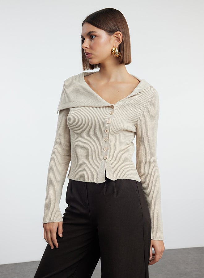trendyol Beige Mercerized Look Premium Yarn/Special Yarn Fitted/Body Hugging Knitwear Cardigan - Image 2