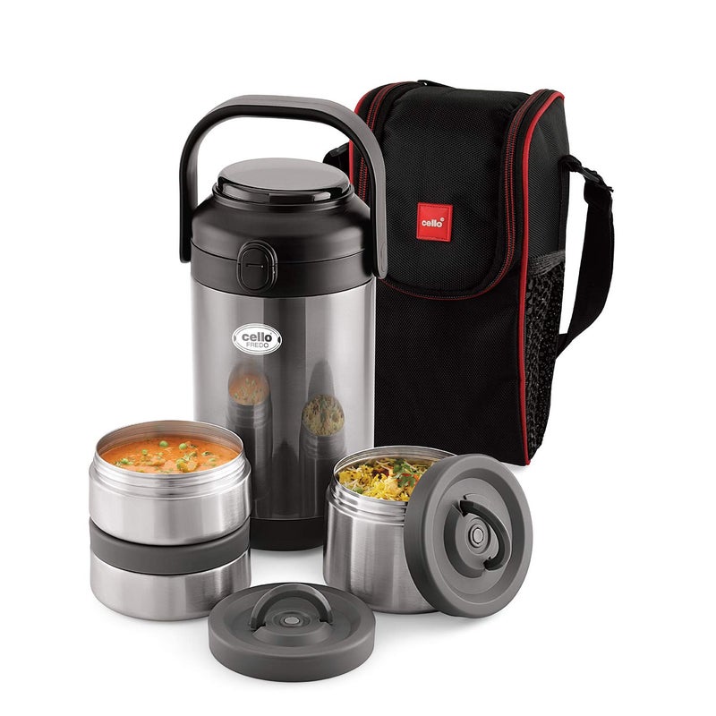 Cello CELLO Fredo Stainless Steel Double Walled Lunch Box with 3 containers Insulated 420mlx2 720ml 3 Units Black  - Image 1