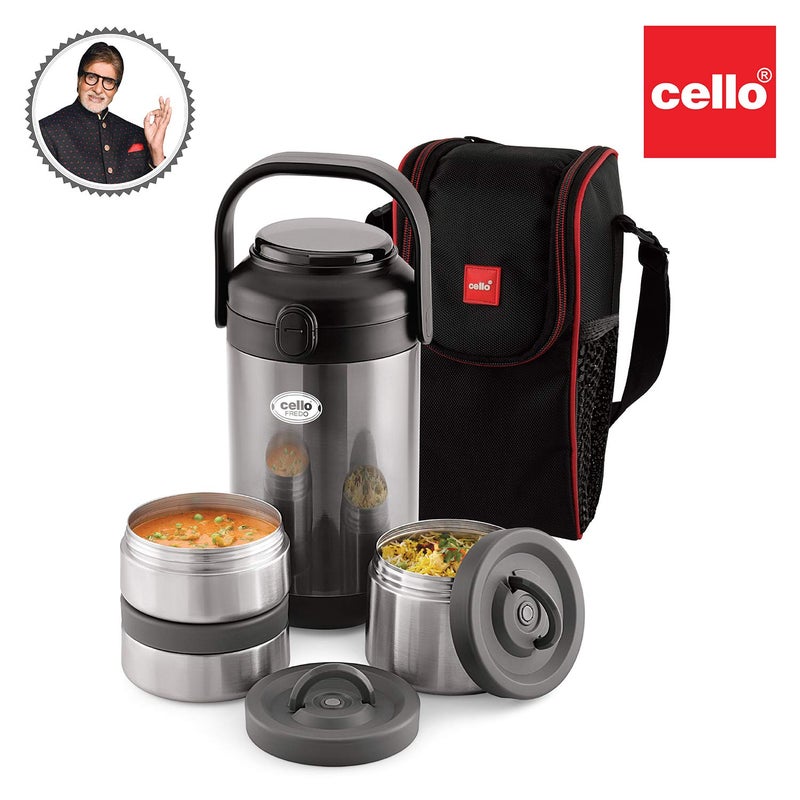 Cello CELLO Fredo Stainless Steel Double Walled Lunch Box with 3 containers Insulated 420mlx2 720ml 3 Units Black  - Image 2