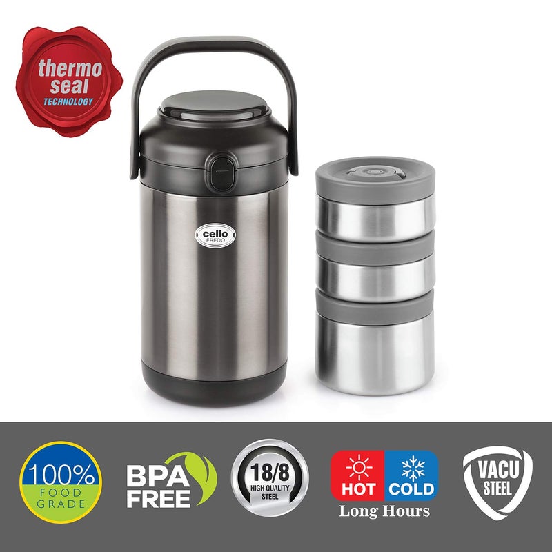 Cello CELLO Fredo Stainless Steel Double Walled Lunch Box with 3 containers Insulated 420mlx2 720ml 3 Units Black  - Image 3