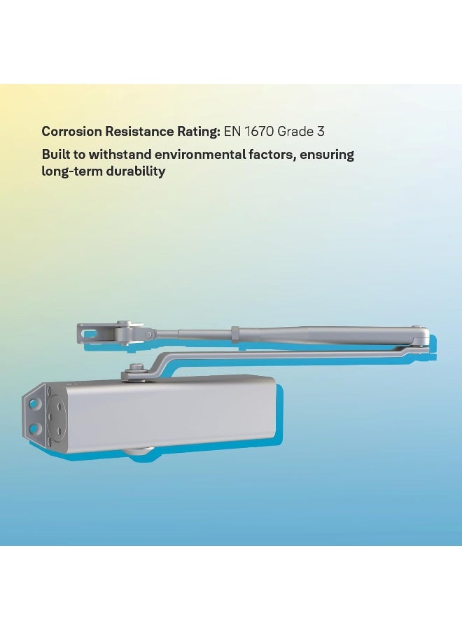 Yale Overhead Door Closer, Cast Aluminium Body with Steel Link Arm, Rack-and-Pinion Mechanism, Adjustable Closing Speed and Latching, Push or Pull-Side Fixing, For Doors Up To 80 kg, Silver - Image 5