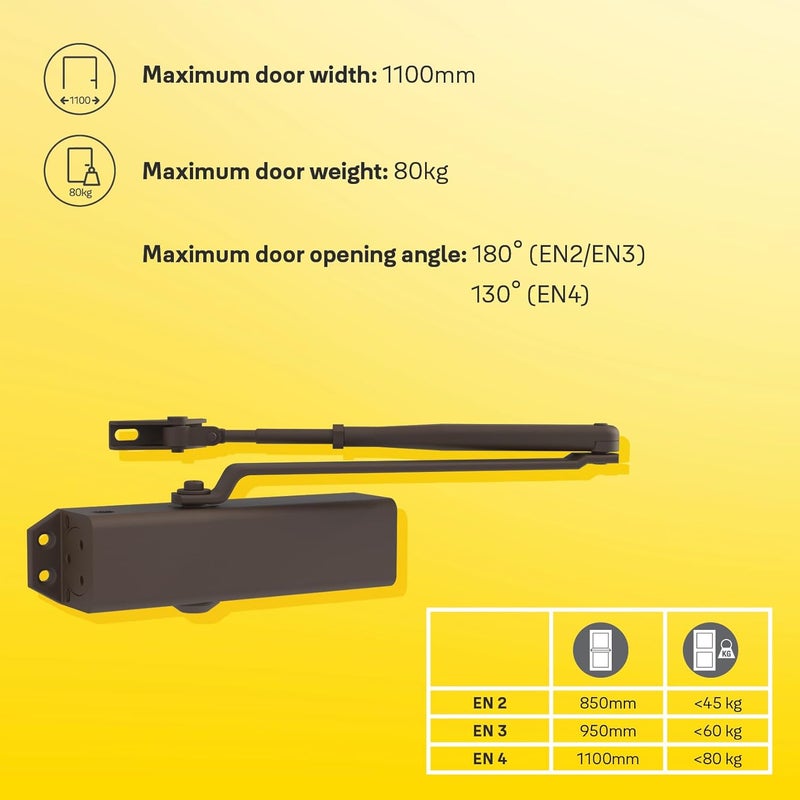 Yale Overhead Door Closer, Cast Aluminium Body with Steel Link Arm, Rack-and-Pinion Mechanism, Adjustable Closing Speed and Latching, Push or Pull-Side Fixing, For Doors Up To 80 kg, Silver - Image 2