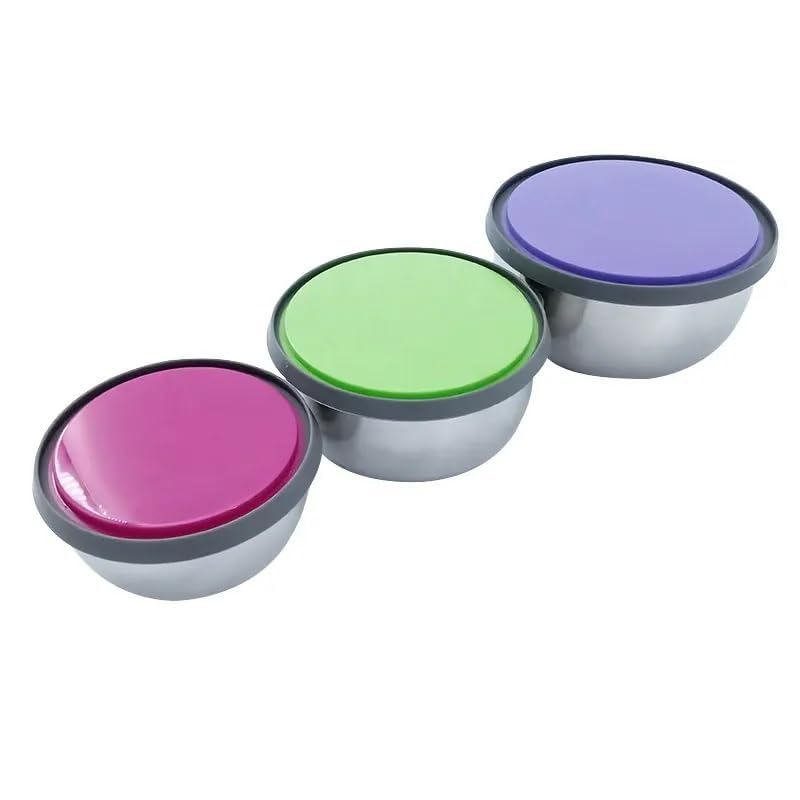 HOMETIC 3Set Stainless Steel Food Container Bowls with Air Tight Plastic Lid Round Shape Food Storage Bowls for KitchenCookingMixingBakingFood Serving Multicolour 1set - Image 3