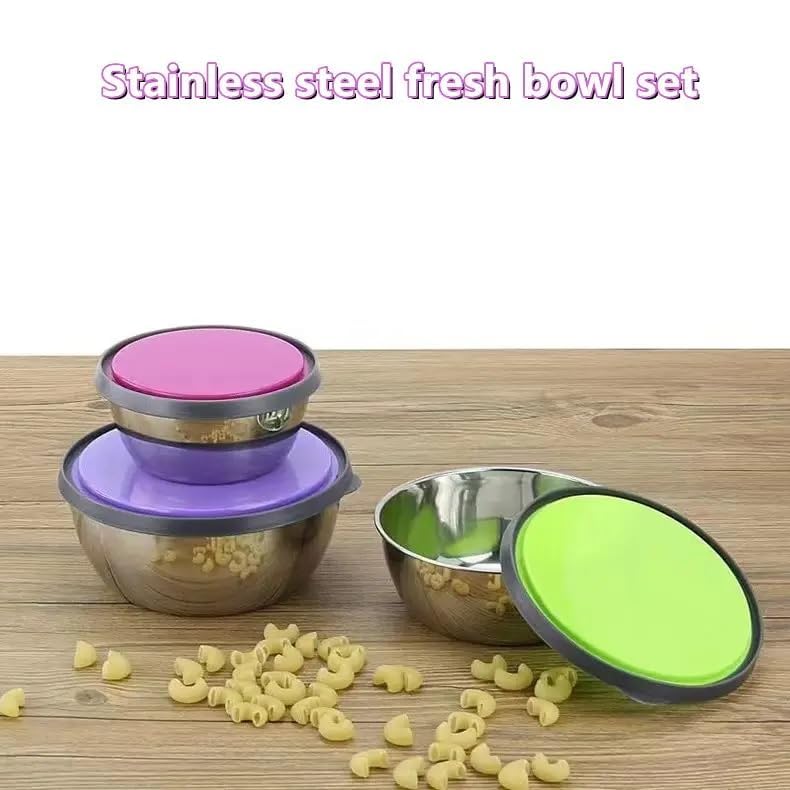 HOMETIC 3Set Stainless Steel Food Container Bowls with Air Tight Plastic Lid Round Shape Food Storage Bowls for KitchenCookingMixingBakingFood Serving Multicolour 1set - Image 5