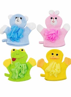 4 Pcs Cartoon Terry Cloth, Cute Baby Kids Bath Sponge Mitts Hand Puppets Washcloth Mitt Bath Glove, Shower Bath Sponge Shower Loofahs Balls, Towel with Animal Design (Rabbit, Frog, Duck, Bear)
