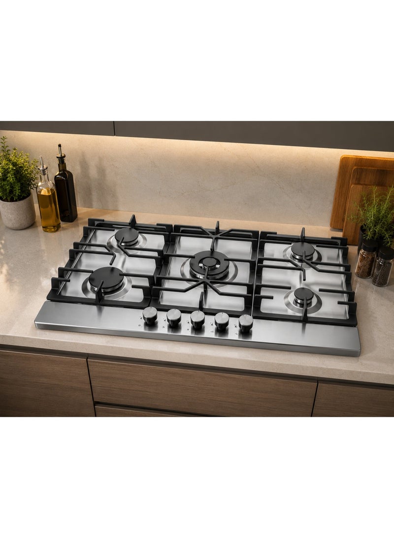 هانس موقد غاز بلت إن مقاس 90 سم - منطقة طهي Maxi+ FullZone موسعة - 5 مناطق طهي - شعلة Wok مزدوجة الحلقة DualCrown من SABAF بقدرة 4.0 كيلوواط - صمامات غاز SABAF إيطالية أصلية - سطح من الستانلس ستيل AISI 304 - إشعال تلقائي InstantFlame - نظام أمان كامل للغاز FFD وحوامل أواني من الحديد الزهر - LAMY 9K4GW X SF - Image 2