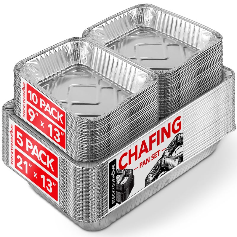 Stock Your Home Chafing Dish Buffet Set Disposable  21 x 13 5 Pack 9 x 13 10 Pack Aluminum Serving Trays Catering Pans for Keeping Food Warm Foil Chaffing Dishes for Buffets and Parties Warming Tray 