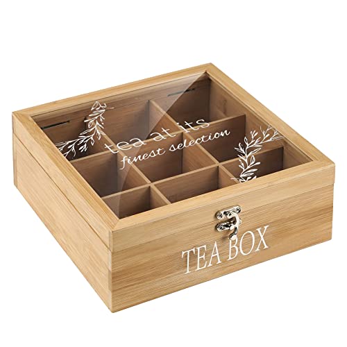 handrong Tea Box Organizer,Decorative Tea Storage,BambooTeas Bag Holder Organizer,Modern Teas Organizers and Storage with 9 Compartments for Coffee,Tee & Sugar Pods,Packets & More - Image 1