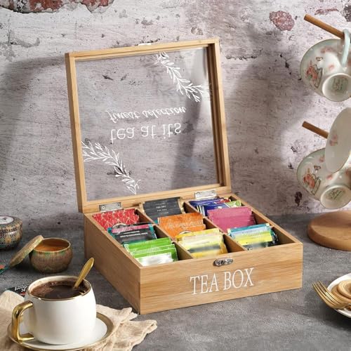 handrong Tea Box Organizer,Decorative Tea Storage,BambooTeas Bag Holder Organizer,Modern Teas Organizers and Storage with 9 Compartments for Coffee,Tee & Sugar Pods,Packets & More - Image 2