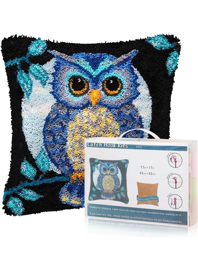 Bluejw Msoesticc.dl Latch Hook Kits for DIY Throw Pillow Cover, Cute Owl Pattern Sofa Cushion Cover Latch Hook Craft Kits with Printed Canvas for Beginners Adults - 17 x 17 Inch