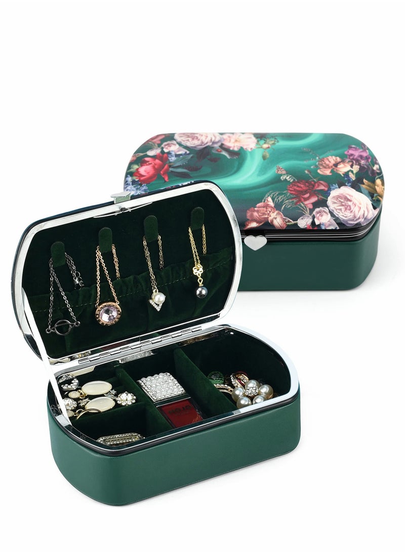 Excefore Vintage Jewellery Box Organizer Small Travel Case for Rings, Earrings, Necklace, Bracelet, Watch, Hair Accessories, Floral Leather Jewelry Gift Girls Women (Green, 5.6x3.5x1.9in)  - Image 1
