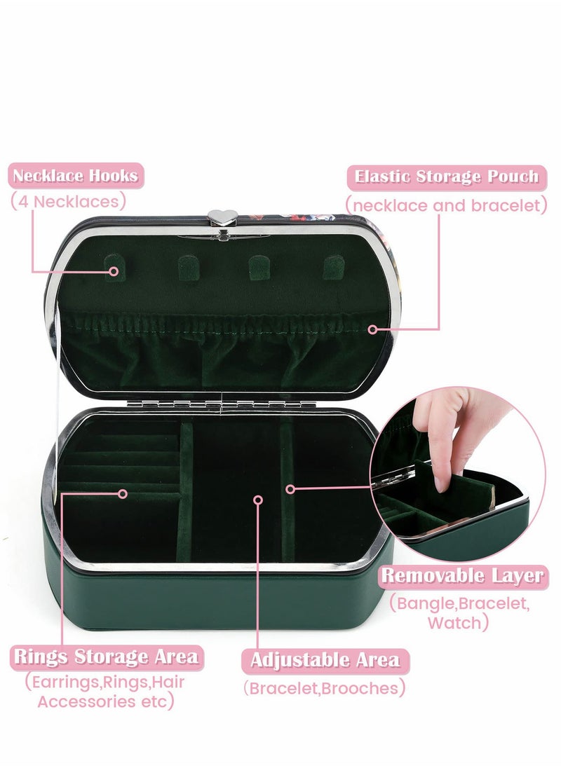 Excefore Vintage Jewellery Box Organizer Small Travel Case for Rings, Earrings, Necklace, Bracelet, Watch, Hair Accessories, Floral Leather Jewelry Gift Girls Women (Green, 5.6x3.5x1.9in)  - Image 2