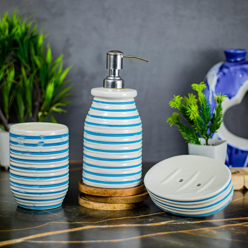 Kaolinite Ceramic Bathroom Accessories Set for Utility and Bathroom Decor | Liquid Soap Dispenser, soap Tray, Toothbrus Holder Glossy Sky Blue and White (GOA_7) - Image 1