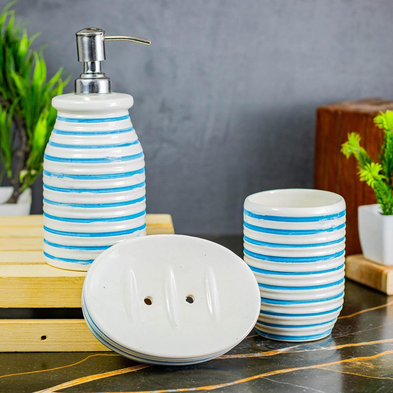 Kaolinite Ceramic Bathroom Accessories Set for Utility and Bathroom Decor | Liquid Soap Dispenser, soap Tray, Toothbrus Holder Glossy Sky Blue and White (GOA_7) - Image 2
