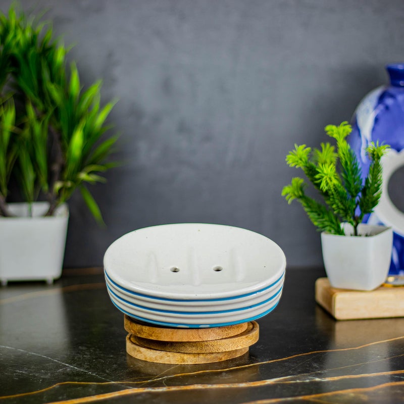 Kaolinite Ceramic Bathroom Accessories Set for Utility and Bathroom Decor | Liquid Soap Dispenser, soap Tray, Toothbrus Holder Glossy Sky Blue and White (GOA_7) - Image 5