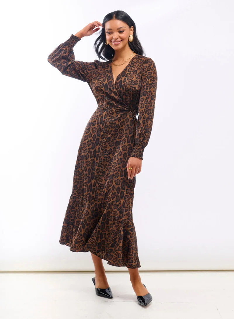 Animal Wrap Long Sleeve Midaxi Dress