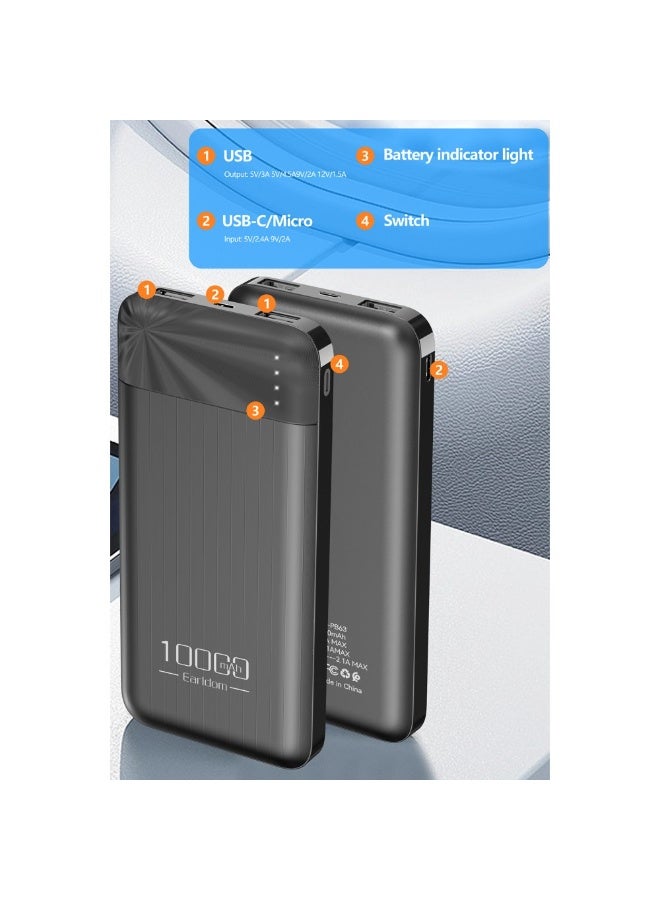Earldom Portable Power Bank 10000mAh, Dual USB Fast Charging 2.1A, Compact Travel, Safe Charging, Quick Charging, 2USB Port, LED Charge Indicator, Model: PB63 - Black - Image 2