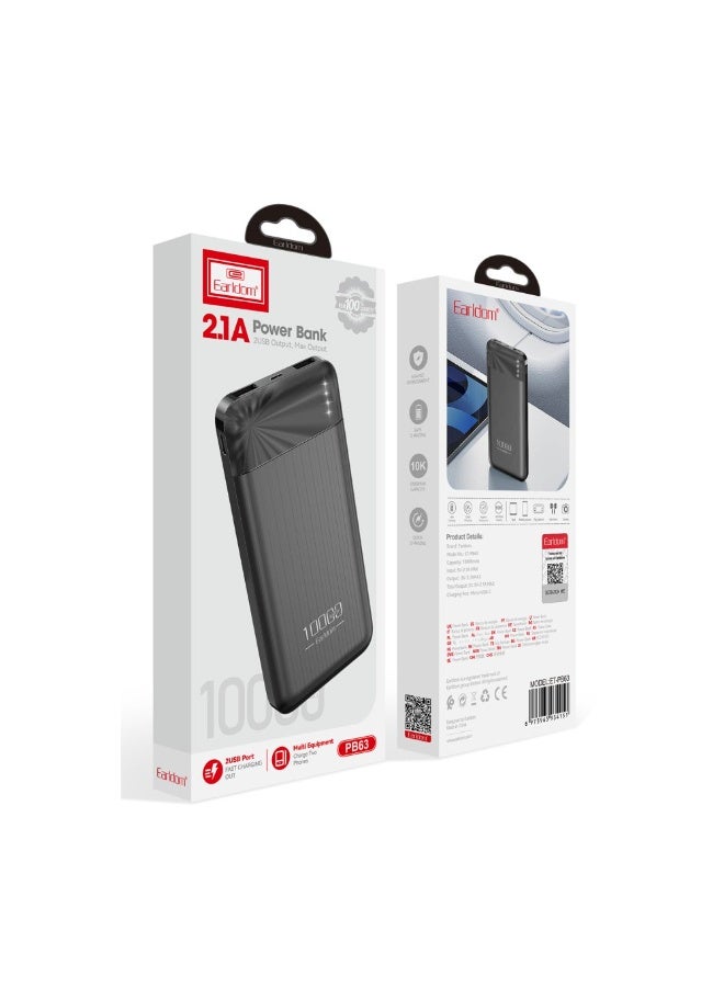 Earldom Portable Power Bank 10000mAh, Dual USB Fast Charging 2.1A, Compact Travel, Safe Charging, Quick Charging, 2USB Port, LED Charge Indicator, Model: PB63 - Black - Image 5