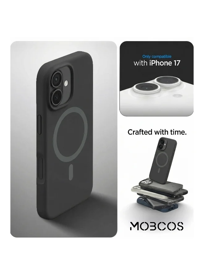 Mobcos Mobcos iPhone 17 Black Elite Ring Premium Silicone Magnetic Wireless Charging Case for iPhone | Silky Soft Touch | Military-Grade Shockproof Protection | Strong Magnetic Compatibility | Luxury Slim Cover