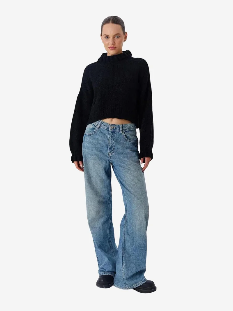 MixRay Mixray Thick Turtleneck Textured Crop Sweater